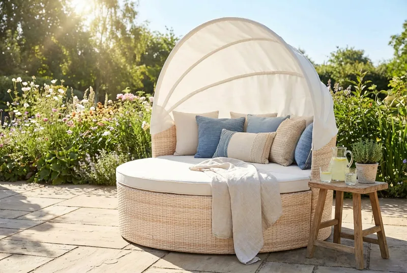 Florens Rund dubbel Solsäng med tak - Soffbord med glasskiva i konstrotting - Beige - Utemöbler - Utestol & trädgårdsstol - Solsäng & Solvagnar