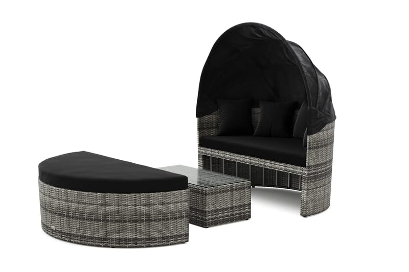 Florens Rund dubbel Solsäng med tak - Soffbord med glasskiva i konstrotting - Grå - Utemöbler - Utestol & trädgårdsstol - Solsäng & Solvagnar