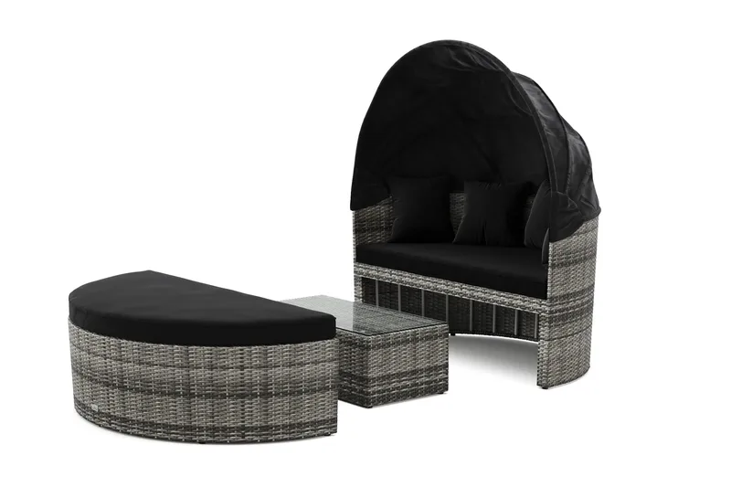 Florens Rund dubbel Solsäng med tak - Soffbord med glasskiva i konstrotting, Grå