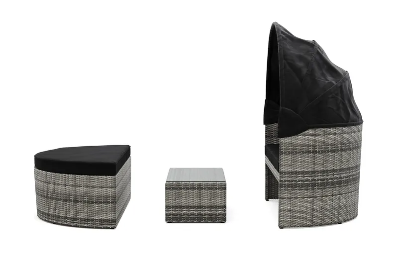 Florens Rund dubbel Solsäng med tak - Soffbord med glasskiva i konstrotting - Grå - Utemöbler - Utestol & trädgårdsstol - Solsäng & Solvagnar