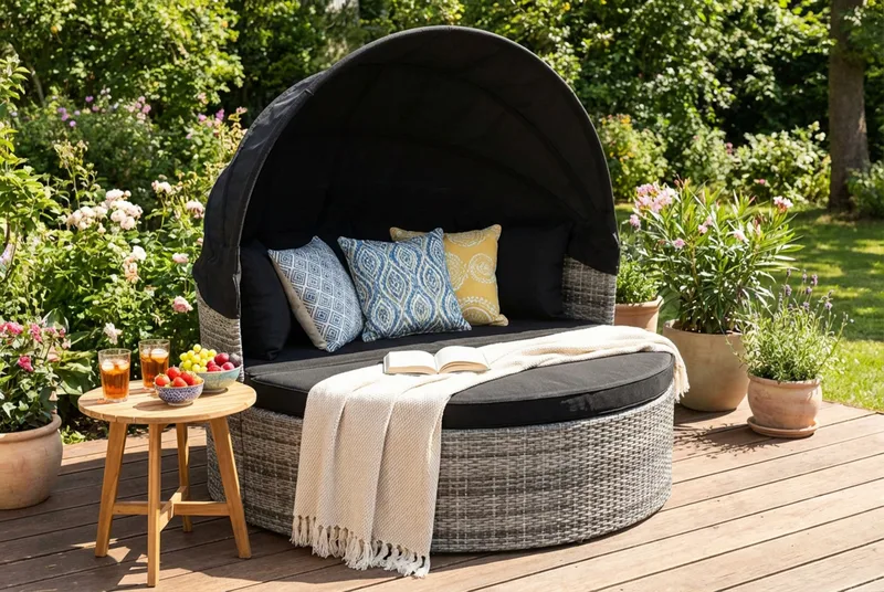 Florens Rund dubbel Solsäng med tak - Soffbord med glasskiva i konstrotting - Grå - Utemöbler - Utestol & trädgårdsstol - Solsäng & Solvagnar