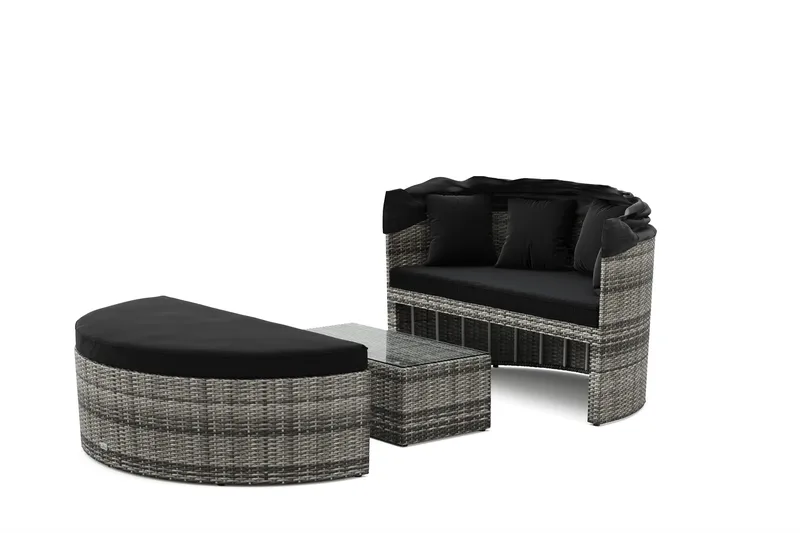 Florens Rund dubbel Solsäng med tak - Soffbord med glasskiva i konstrotting - Grå - Utemöbler - Utestol & trädgårdsstol - Solsäng & Solvagnar