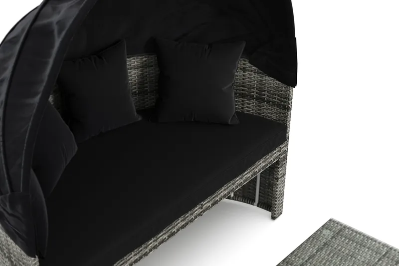 Florens Rund dubbel Solsäng med tak - Soffbord med glasskiva i konstrotting - Grå - Utemöbler - Utestol & trädgårdsstol - Solsäng & Solvagnar