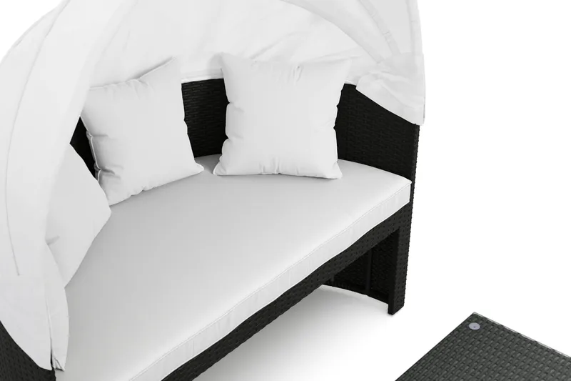 Florens Rund dubbel Solsäng med tak - Soffbord med glasskiva i konstrotting - Svart - Utemöbler - Utestol & trädgårdsstol - Solsäng & Solvagnar