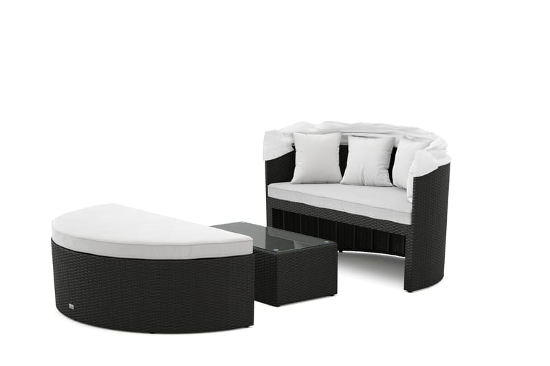 Florens Rund dubbel Solsäng med tak - Soffbord med glasskiva i konstrotting - Svart - Utemöbler - Utestol & trädgårdsstol - Solsäng & Solvagnar