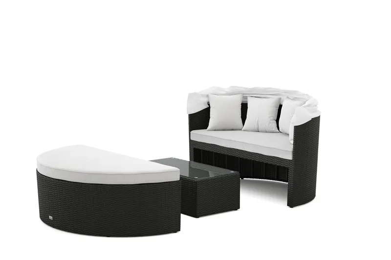 Florens Rund dubbel Solsäng med tak - Soffbord med glasskiva i konstrotting - Svart - Utemöbler - Utestol & trädgårdsstol - Solsäng & Solvagnar