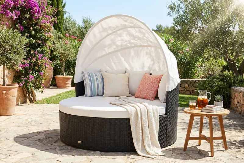 Florens Rund dubbel Solsäng med tak - Soffbord med glasskiva i konstrotting - Svart - Utemöbler - Utestol & trädgårdsstol - Solsäng & Solvagnar