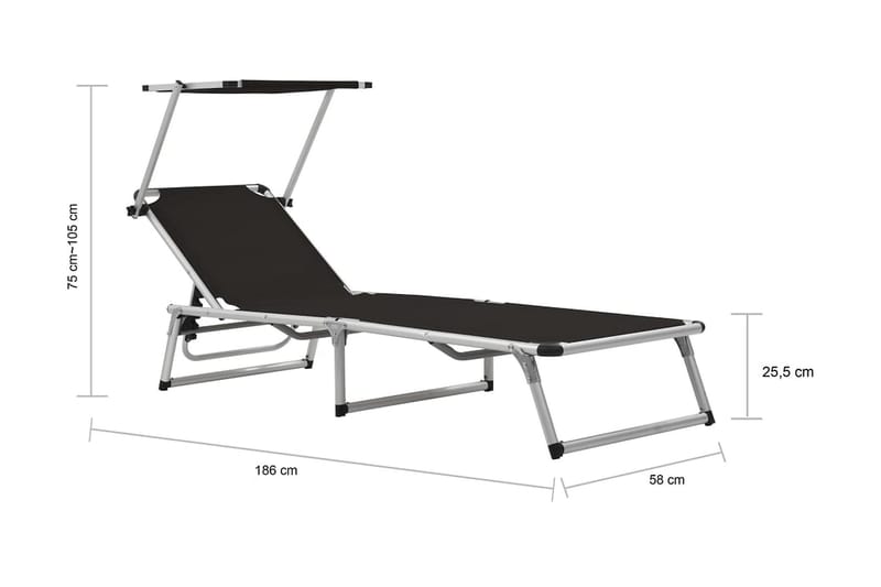 Hopfällbar solsäng med tak aluminium och textilene svart - Svart - Utemöbler - Utestol & trädgårdsstol - Solsäng & Solvagnar