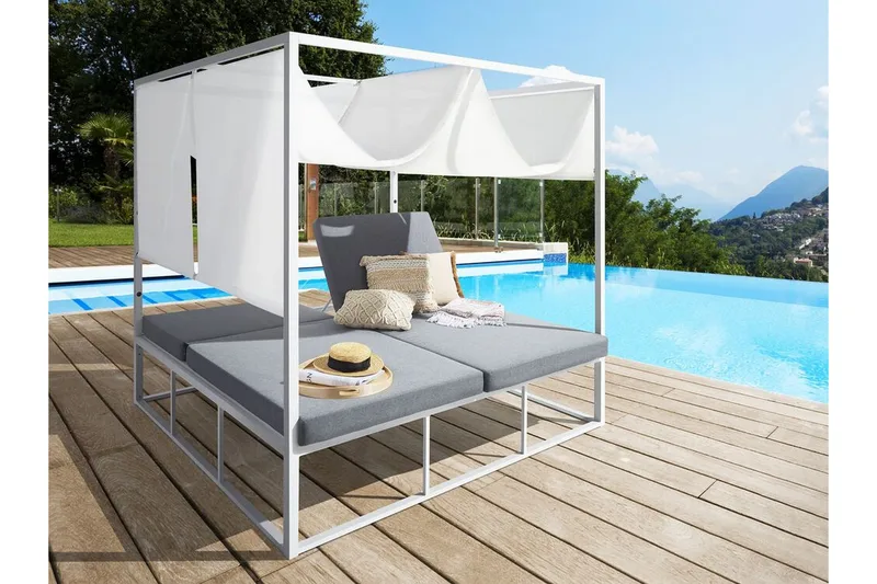 Solsäng med sänghimmel vit/grå PALLANZA - Vit - Utemöbler - Utestol & trädgårdsstol - Solsäng & Solvagnar