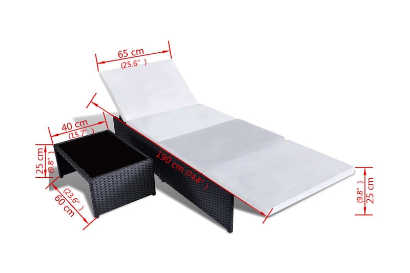 Solsängar 2 st med bord konstrotting svart - Svart - Utemöbler - Utestol & trädgårdsstol - Solsäng & Solvagnar