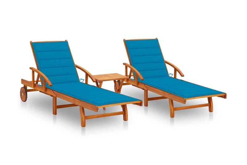 Solsängar 2 st med bord och dynor massivt akaciaträ - Blå - Utemöbler - Utestol & trädgårdsstol - Solsäng & Solvagnar