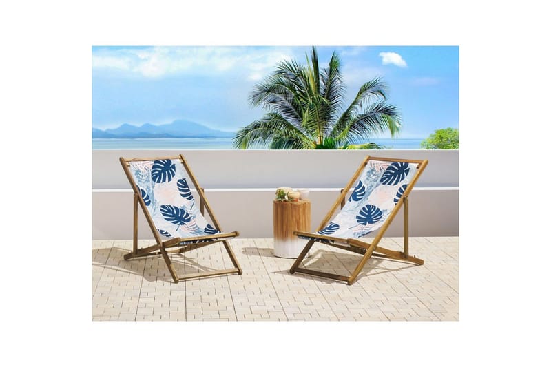 Solstol set om 2 Anzio - ljust trä/off-white/blå palmbladsmönster - Utemöbler - Utestol & trädgårdsstol - Solstolar