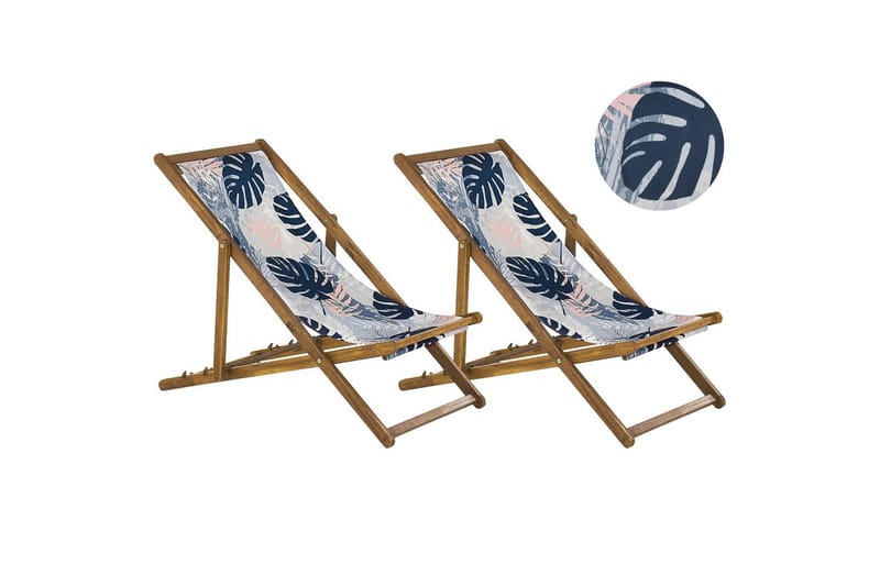 Solstol set om 2 Anzio - ljust trä/off-white/blå palmbladsmönster - Utemöbler - Utestol & trädgårdsstol - Solstolar