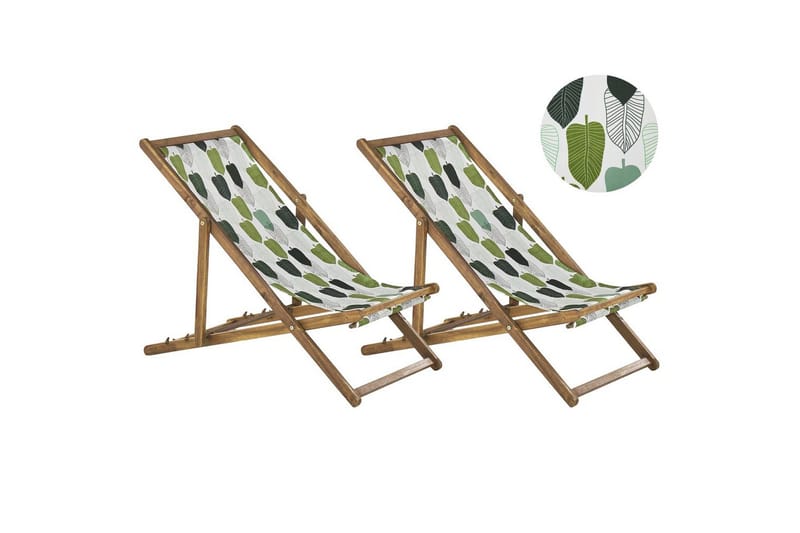 Solstol set om 2 Anzio - ljust trä/off-white/grön lövmönster - Utemöbler - Utestol & trädgårdsstol - Solstolar
