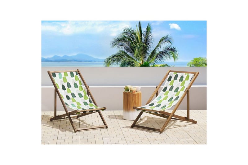 Solstol set om 2 Anzio - ljust trä/off-white/grön lövmönster - Utemöbler - Utestol & trädgårdsstol - Solstolar
