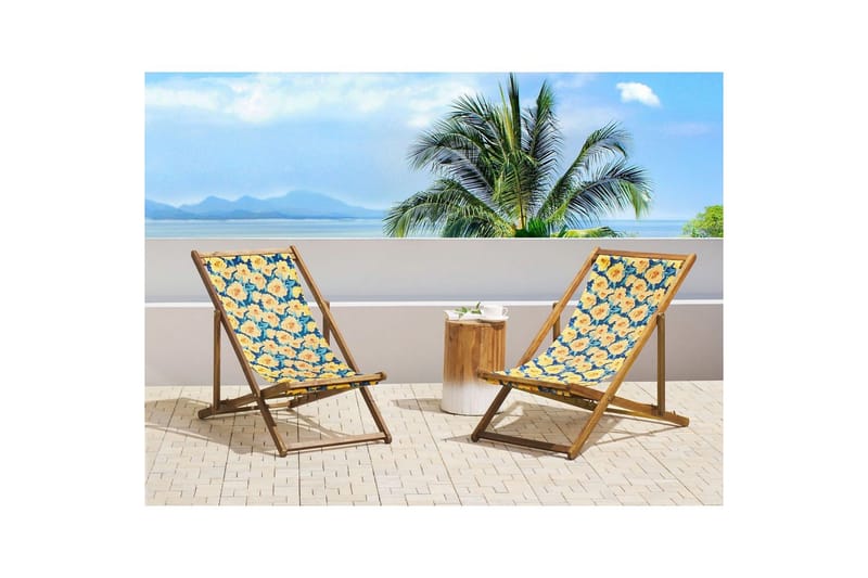 Solstol set om 2 Anzio - ljust trä/off-white/gul blommigt mönster - Utemöbler - Utestol & trädgårdsstol - Solstolar
