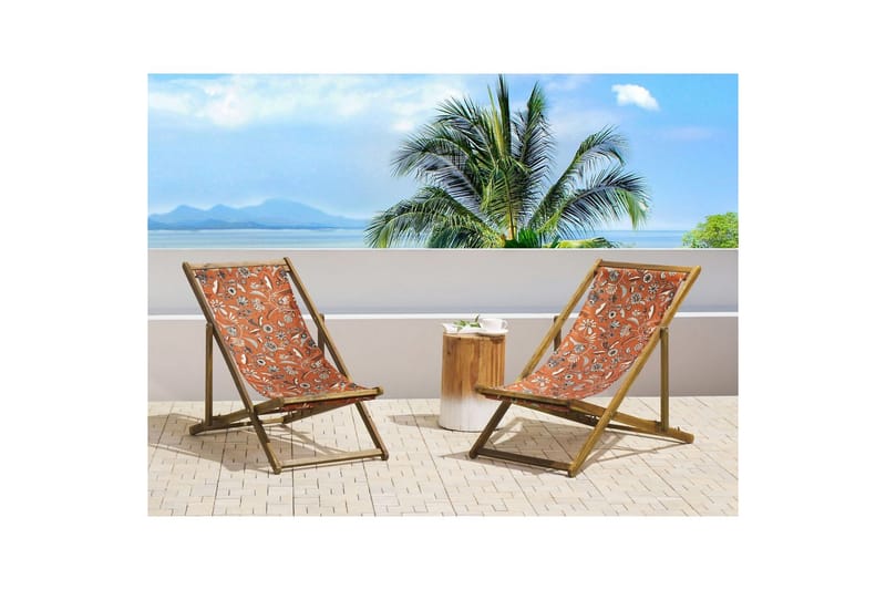 Solstol set om 2 Anzio - ljust trä/off-white/röd blommigt mönster - Utemöbler - Utestol & trädgårdsstol - Solstolar