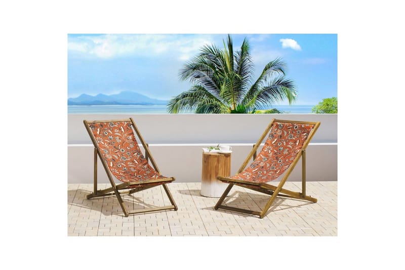 Solstol set om 2 Anzio - ljust trä/off-white/röd blommigt mönster - Utemöbler - Utestol & trädgårdsstol - Solstolar