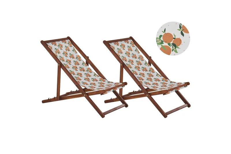 Solstol set om 2 Anzio - mörkt trä/off-white/ apelsinmönster - Utemöbler - Utestol & trädgårdsstol - Solstolar