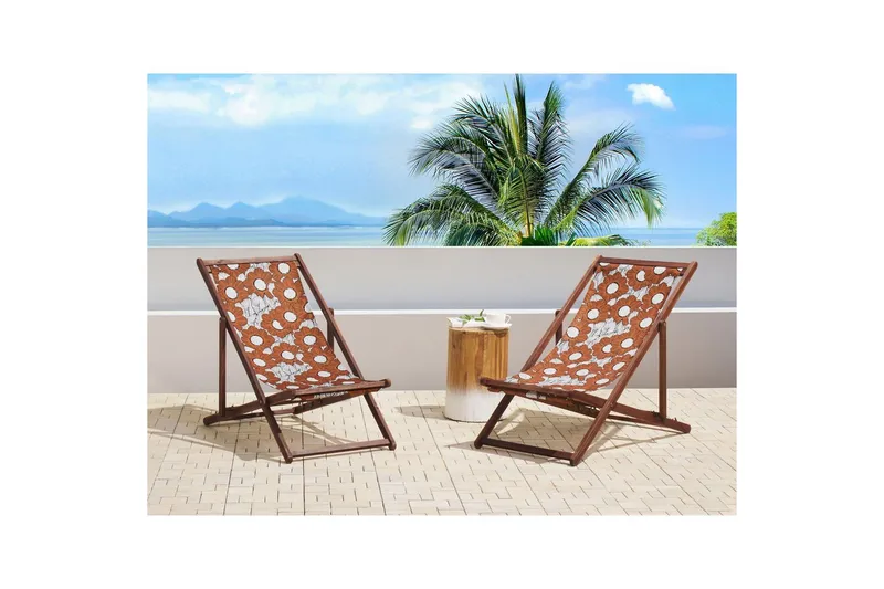 Solstol set om 2 Anzio - mörkt trä/off-white vallmomönster - Utemöbler - Utestol & trädgårdsstol - Solstolar