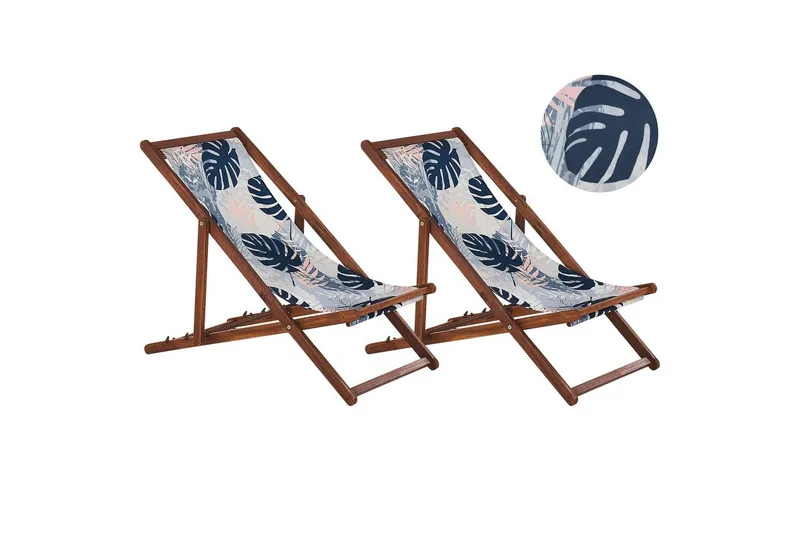 Solstol set om 2 Anzio - mörkt trä/off-white/blå palmbladsmönster - Utemöbler - Utestol & trädgårdsstol - Solstolar