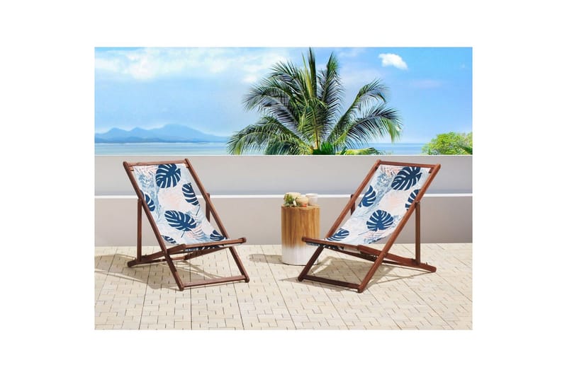 Solstol set om 2 Anzio - mörkt trä/off-white/blå palmbladsmönster - Utemöbler - Utestol & trädgårdsstol - Solstolar