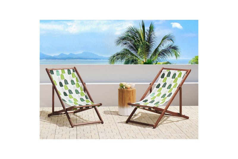Solstol set om 2 Anzio - mörkt trä/off-white/grön lövmönster - Utemöbler - Utestol & trädgårdsstol - Solstolar