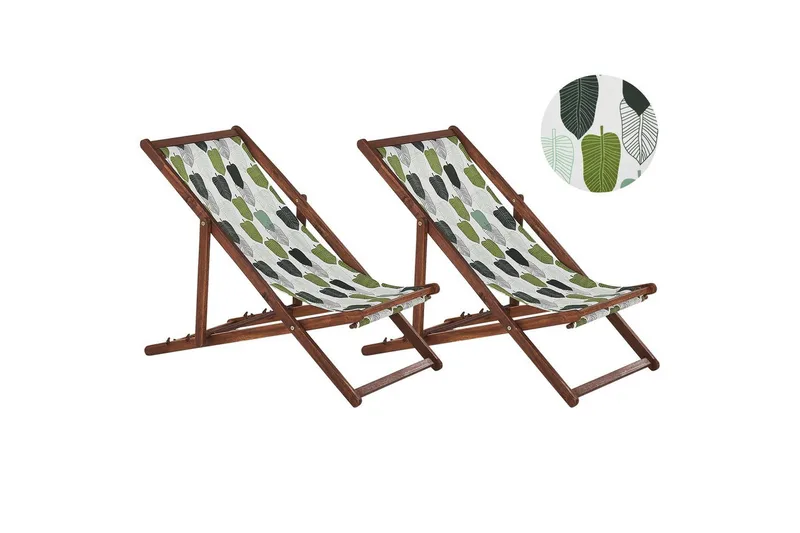 Solstol set om 2 Anzio - mörkt trä/off-white/grön lövmönster - Utemöbler - Utestol & trädgårdsstol - Solstolar