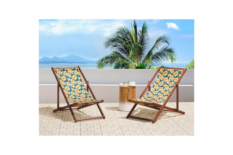 Solstol set om 2 Anzio - mörkt trä/off-white/guk blommigt mönster - Utemöbler - Utestol & trädgårdsstol - Solstolar