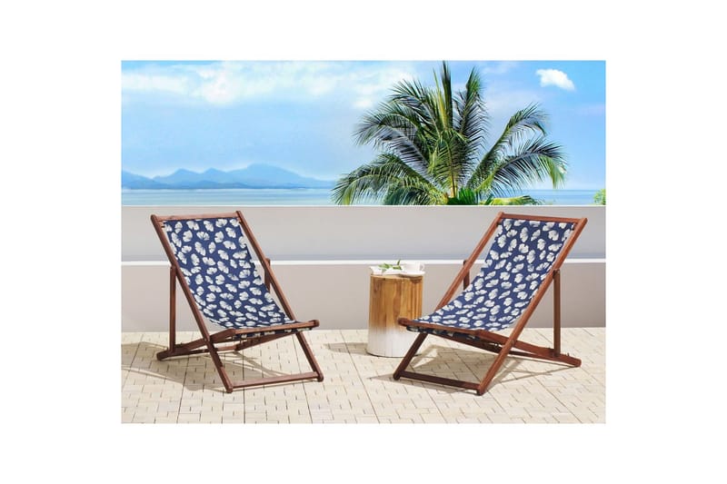 Solstol set om 2 Anzio - mörkt trä/off-white/marinblå blommigt mönster - Utemöbler - Utestol & trädgårdsstol - Solstolar