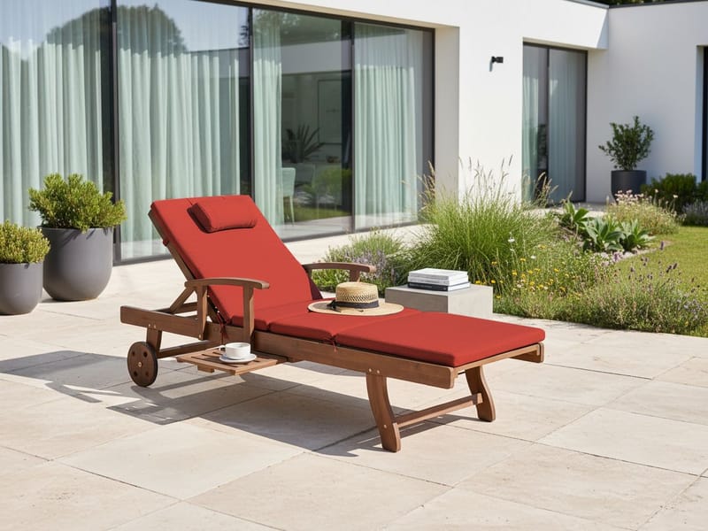 Solstol utomhus med Dyna Amantea Premium Akaciaträ - Brun/Röd - Utemöbler - Utestol & trädgårdsstol - Solsäng & Solvagnar