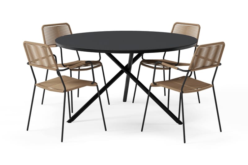 Alex Matbord 140 cm Runt med 4 Lindos Matstolar - Svart - Utemöbler - Utegrupp - Matgrupp utomhus