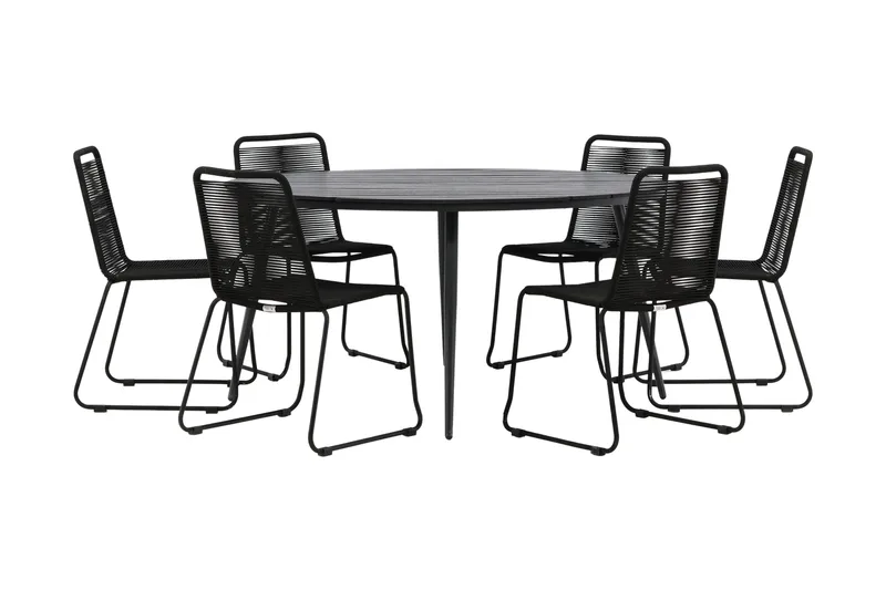 Break Matgrupp Utomhus Rund Ø150cm + 6 Lindos Stapelbara Matstolar, Svart