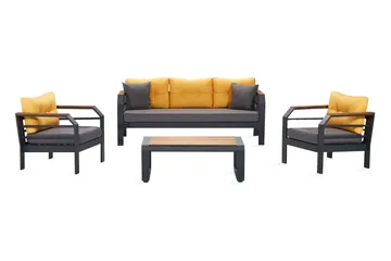 Lassento Caféset 197 cm + 3-sits Utesoffa + 2 Utefåtöljer - Gul/Grå/Svart - Utemöbler - Utegrupp - Cafeset