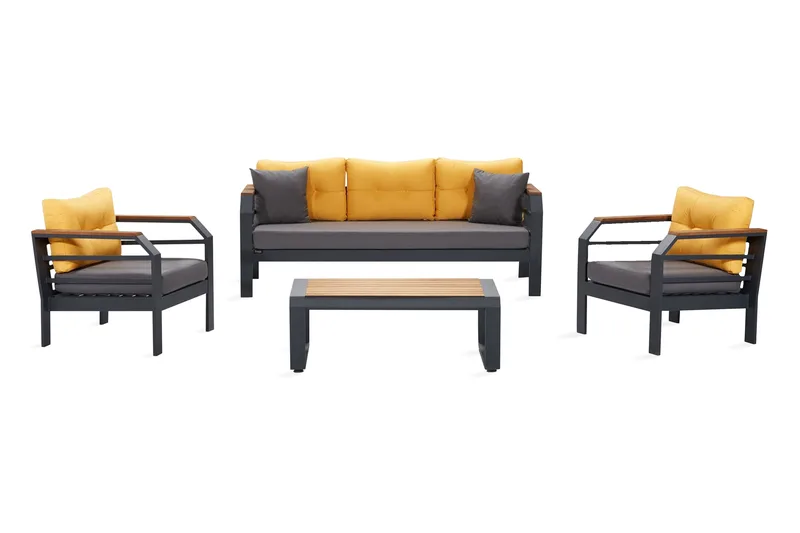 Lassento Caféset 197 cm + 3-sits Utesoffa + 2 Utefåtöljer, Gul/Grå/Svart
