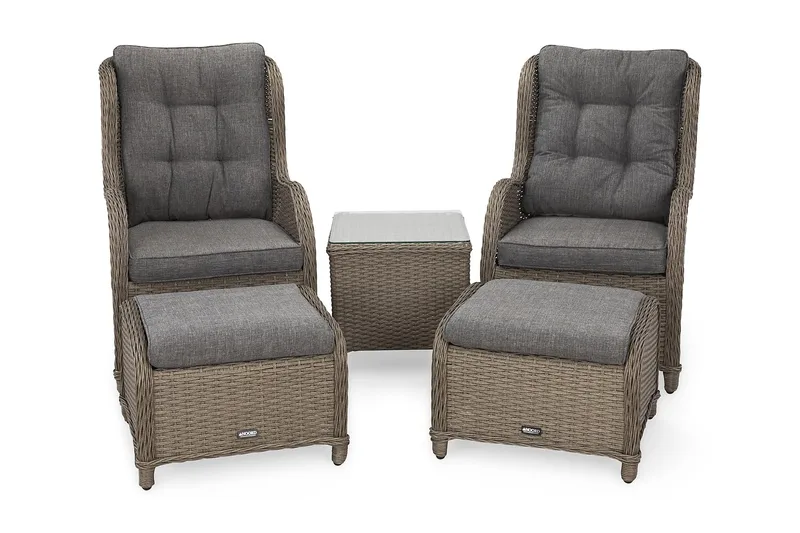 Marcus Caféset med 2 Öronlappsfåtöljer med Fotpall m Dyna - Grå - Utemöbler - Balkong - Balkongmöbler - Balkonggrupp & balkongset