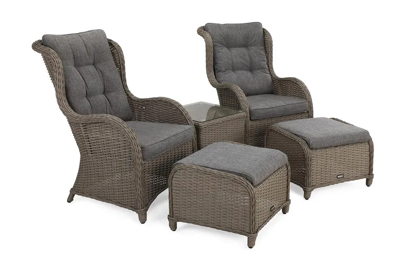 Marcus Caféset med 2 Öronlappsfåtöljer med Fotpall m Dyna - Grå - Utemöbler - Balkong - Balkongmöbler - Balkonggrupp & balkongset