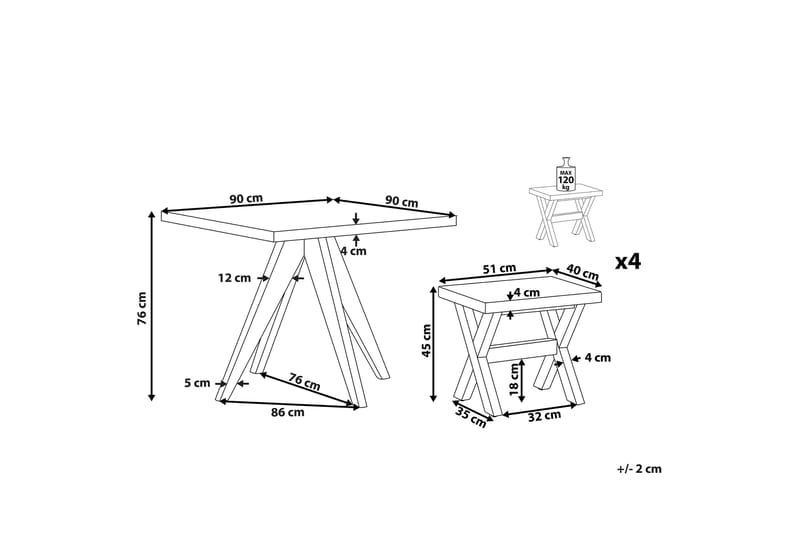Trädgårdsset av Utebord och 4 pallar 90 x 90 cm OLBIA - Grå - Utemöbler - Utegrupp - Cafeset