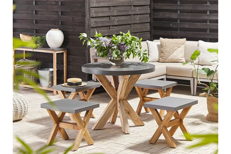 Trädgårdsset av Utebord och 4 pallar¸ 90 cmOLBIA - Grå - Utemöbler - Utegrupp - Cafeset