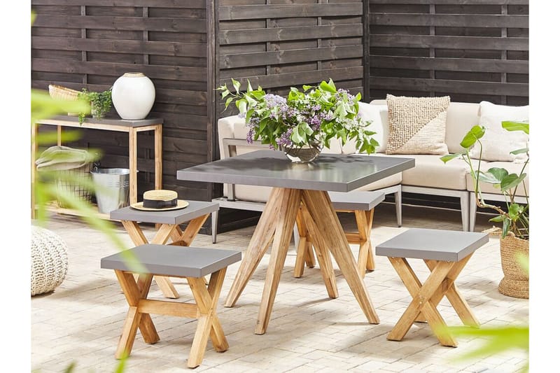 Trädgårdsset av Utebord och 4 pallar 90 x 90 cm OLBIA - Grå - Utemöbler - Utegrupp - Cafeset