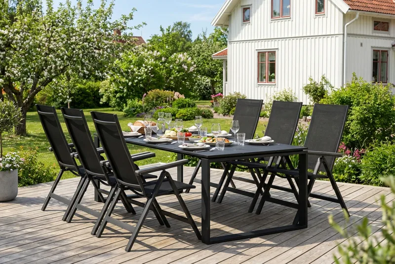 Devon utomhus matgrupp 210x100 cm med 6 Monaco Light positionsstolar - Svart - Utemöbler - Utegrupp - Matgrupp utomhus