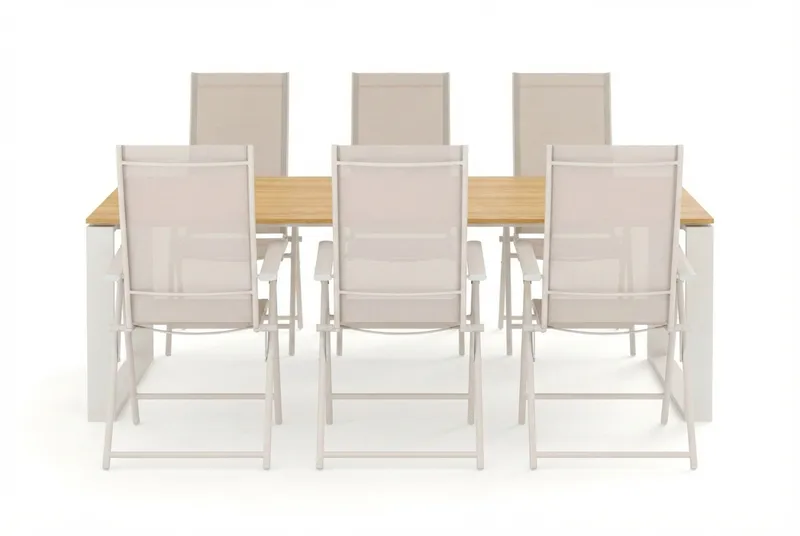 Devon utomhus matgrupp 210x100 cm med 6 Sanna positionsstolar - Beige/Teak - Utemöbler - Utegrupp - Matgrupp utomhus