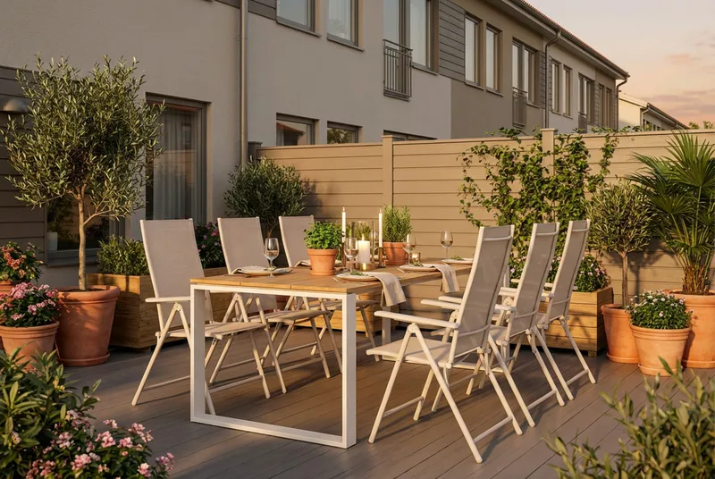 Devon utomhus matgrupp 210x100 cm med 6 Sanna positionsstolar - Beige/Teak - Utemöbler - Utegrupp - Matgrupp utomhus