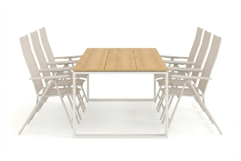 Devon utomhus matgrupp 210x100 cm med 6 Sanna positionsstolar - Beige/Teak - Utemöbler - Utegrupp - Matgrupp utomhus