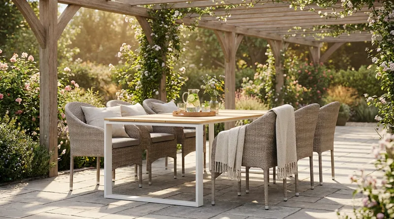 Devon utomhus matgrupp 210x100 cm med 6 Thor fåtöljer - Beige/Teak - Utemöbler - Utegrupp - Matgrupp utomhus