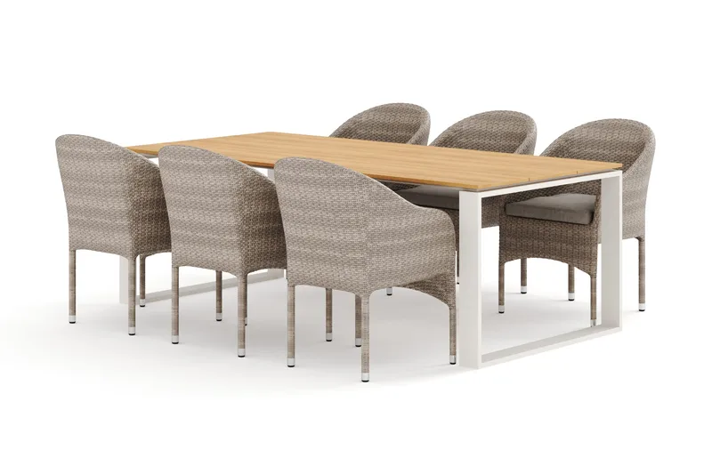 Devon utomhus matgrupp 210x100 cm med 6 Thor fåtöljer, Beige/Teak