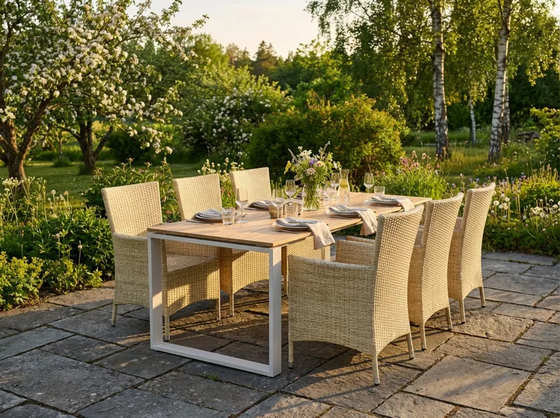 Devon utomhus matgrupp 210x100 cm med 6 Thor fåtöljer - Beige/Teak - Utemöbler - Utegrupp - Matgrupp utomhus