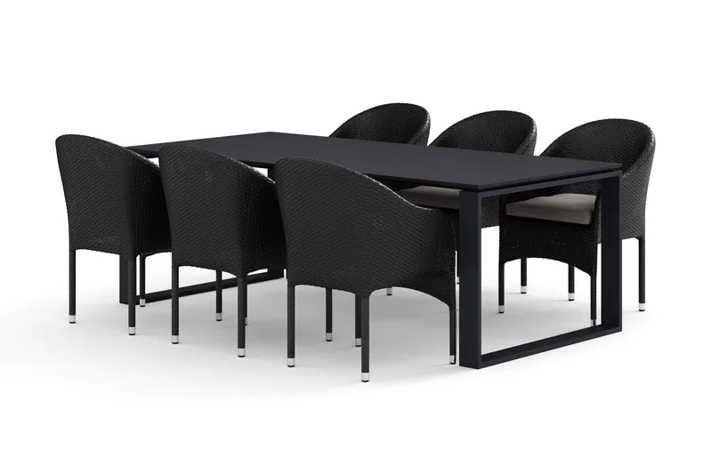 Devon utomhus matgrupp 210x100 cm med 6 Thor fåtöljer - Svart - Utemöbler - Utegrupp - Matgrupp utomhus