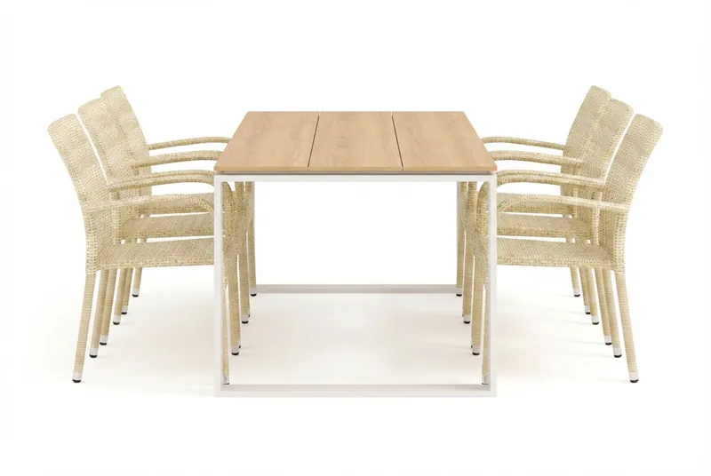 Devon utomhus matgrupp 210x100 cm med 6 Thor Light utefåtöljer - Beige/Teak - Utemöbler - Utegrupp - Matgrupp utomhus