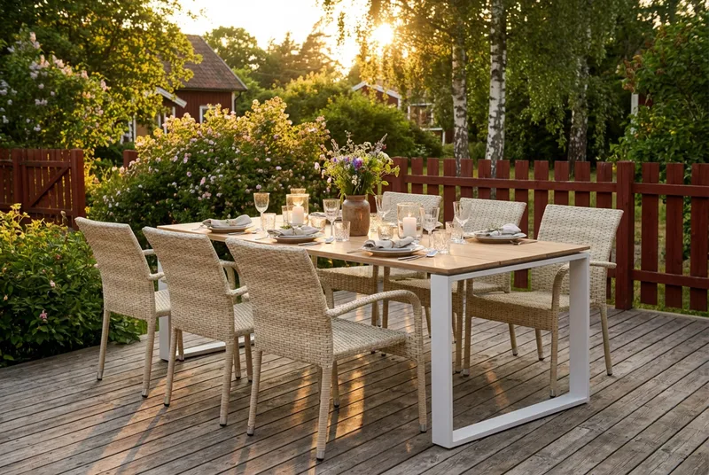 Devon utomhus matgrupp 210x100 cm med 6 Thor Light utefåtöljer - Beige/Teak - Utemöbler - Utegrupp - Matgrupp utomhus